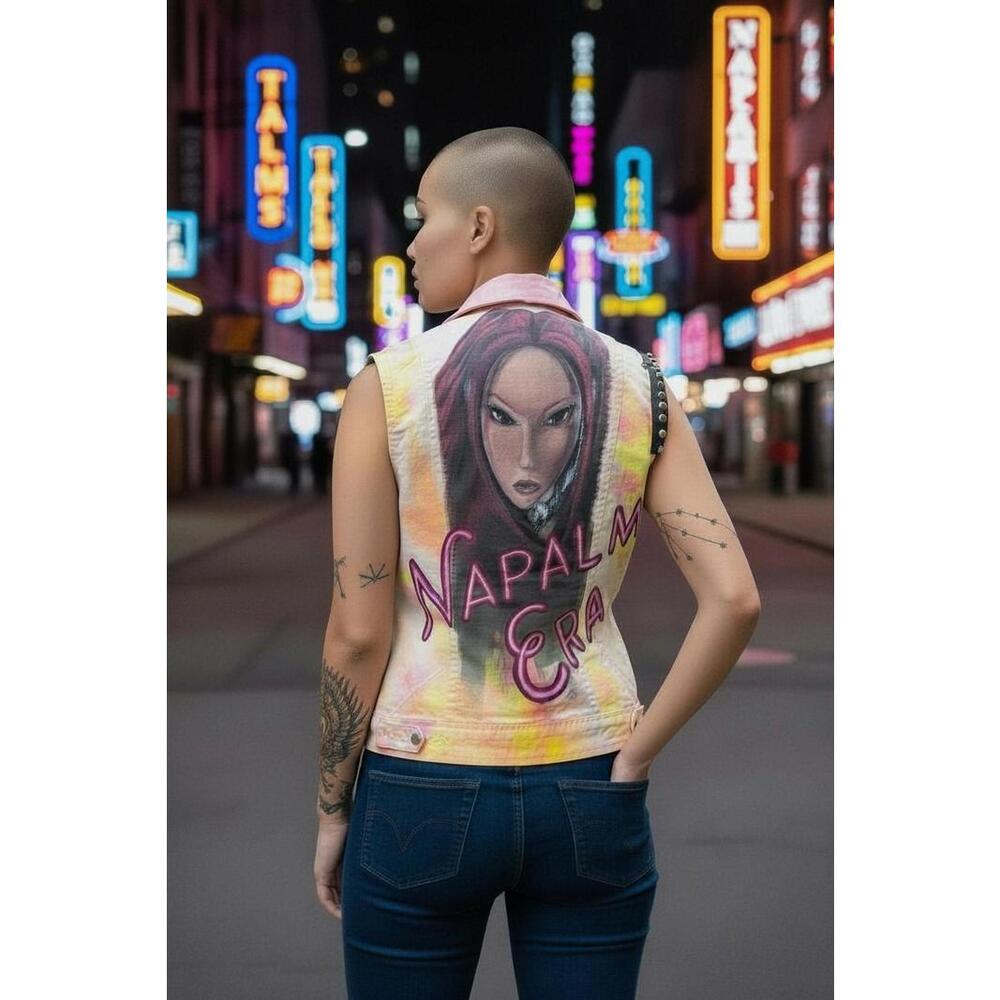 Hand Painted K-Pop Mira Vest | Neon Punk Denim | Studded Rhinestone | Napalm Era